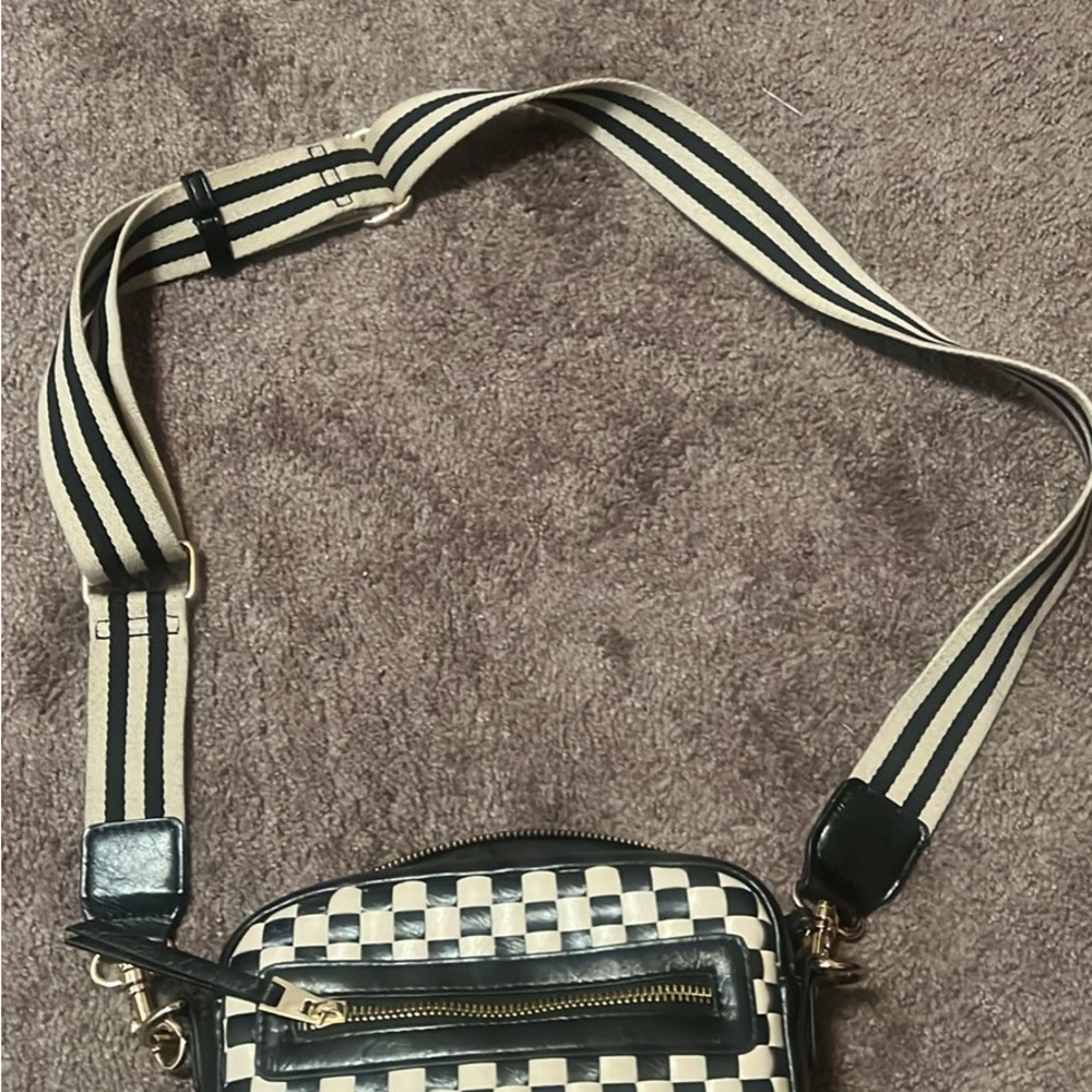 Checkered Crossbody Bag with Striped Strap